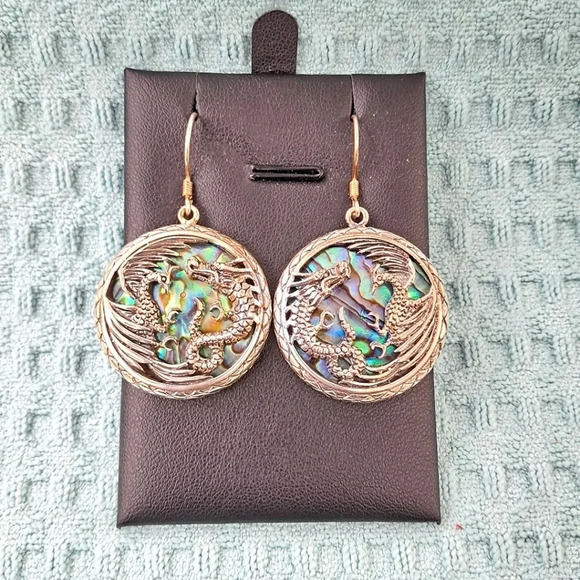 Abalone 925 Sterling Silver Phenix & Dragon Earrings - Picture 1 of 6